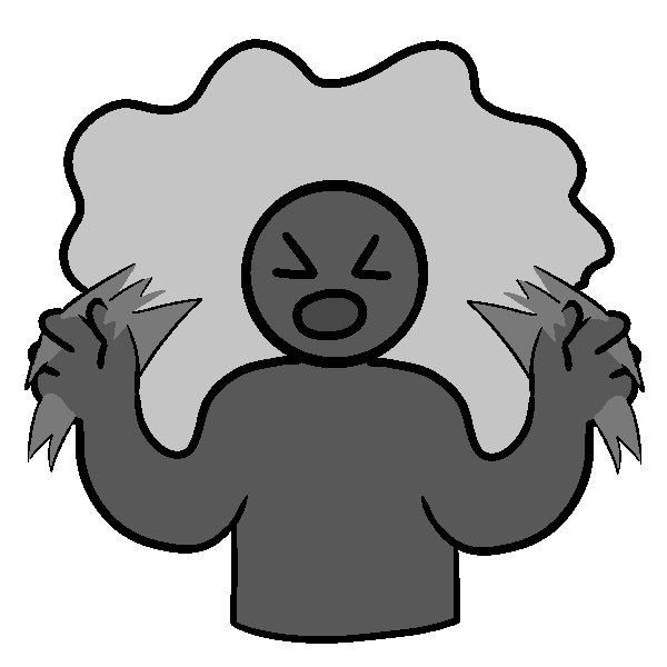 A gray person flapping their hands and shouting, with a gray cloud around them. 